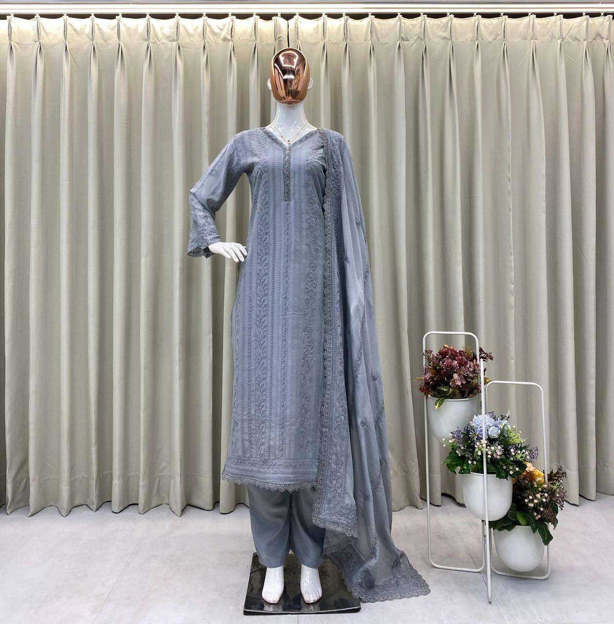 Women's Chinon Silk with Cotton Thread Embroidery Straight Kurti With Pant and Dupatta set - Image 10